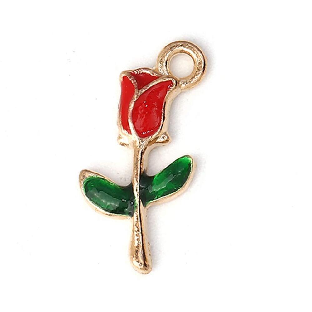 1167 30pc Plated Gold Alloy Red Rose Flower Charms Pendants 19x10mm 6/8"